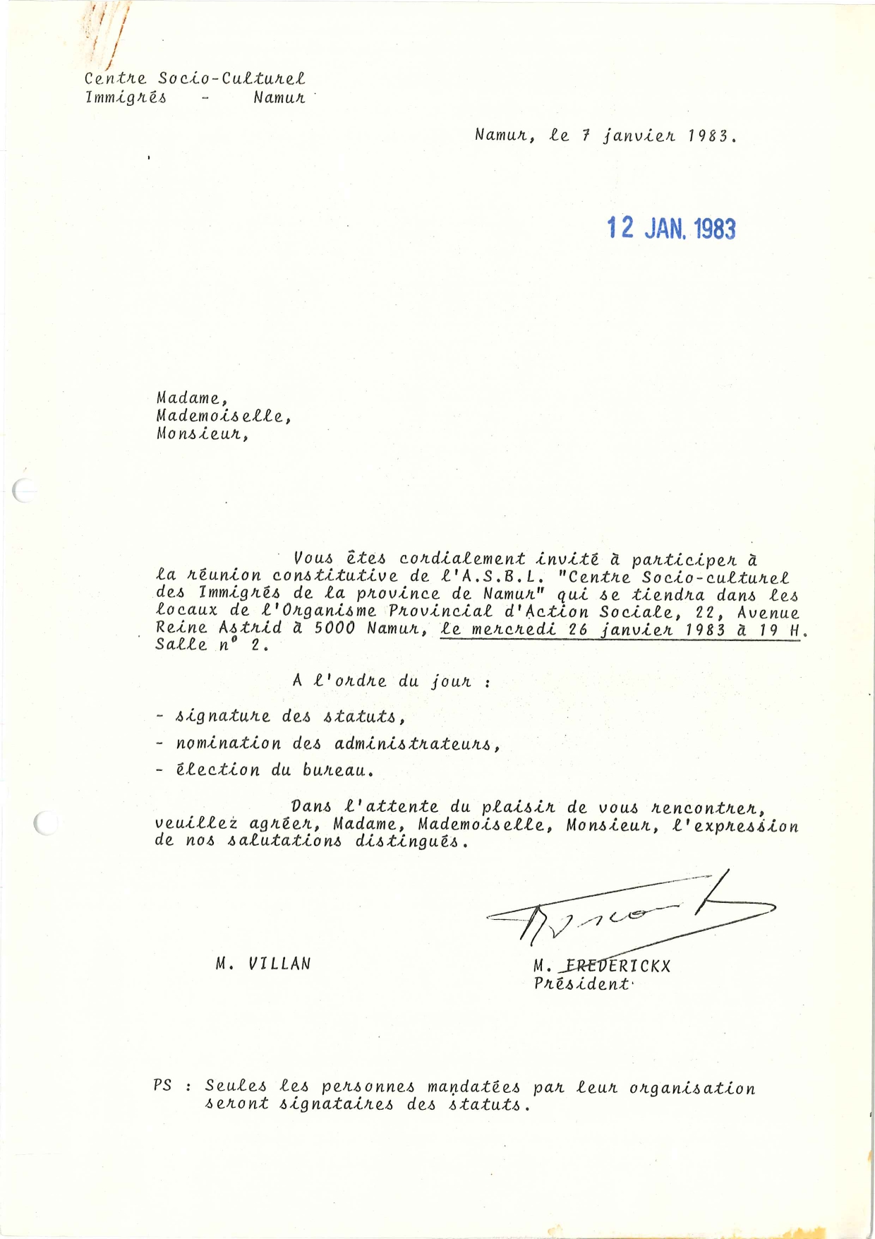 CSCIN — Réunion constitutive, 26 janvier 1983 — page 1 (document)